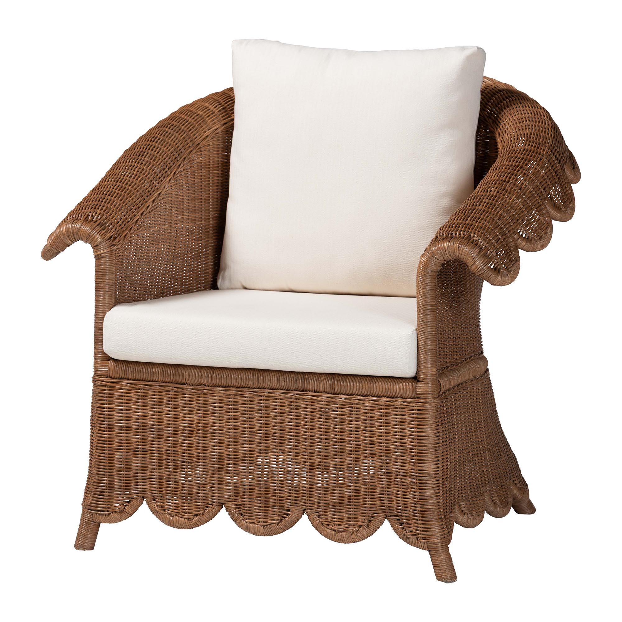 bali & pari Detta Natural Rattan Armchair - Handwoven Wicker Chair with Rolled Arms and Scalloped Skirt Base, Boho Coastal Style for Lounge or Sunroom Affordable modern furniture in Chicago, classic living room furniture, modern accent chair, cheap accent chair